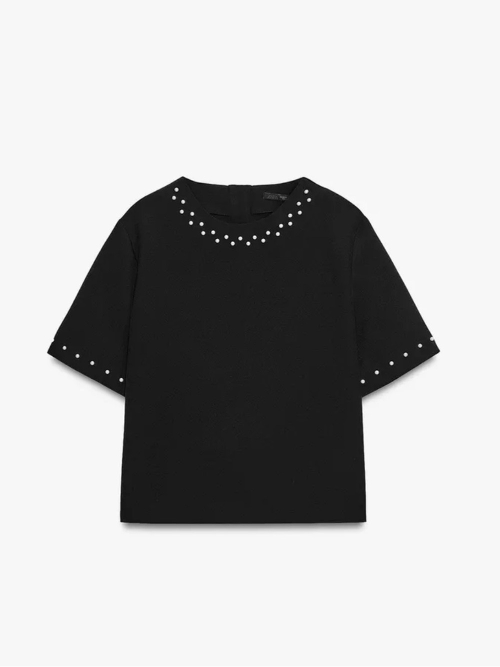 Zara Black Short-Sleeve Top with Faux Pearl Detail